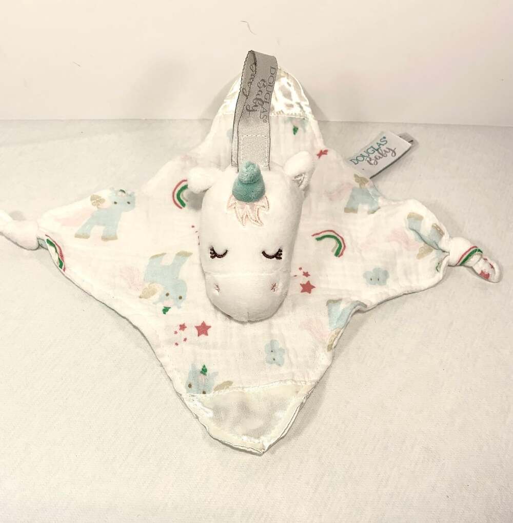 Douglas Baby small Lovey Unicorn Plush knotted White Pink Rainbow